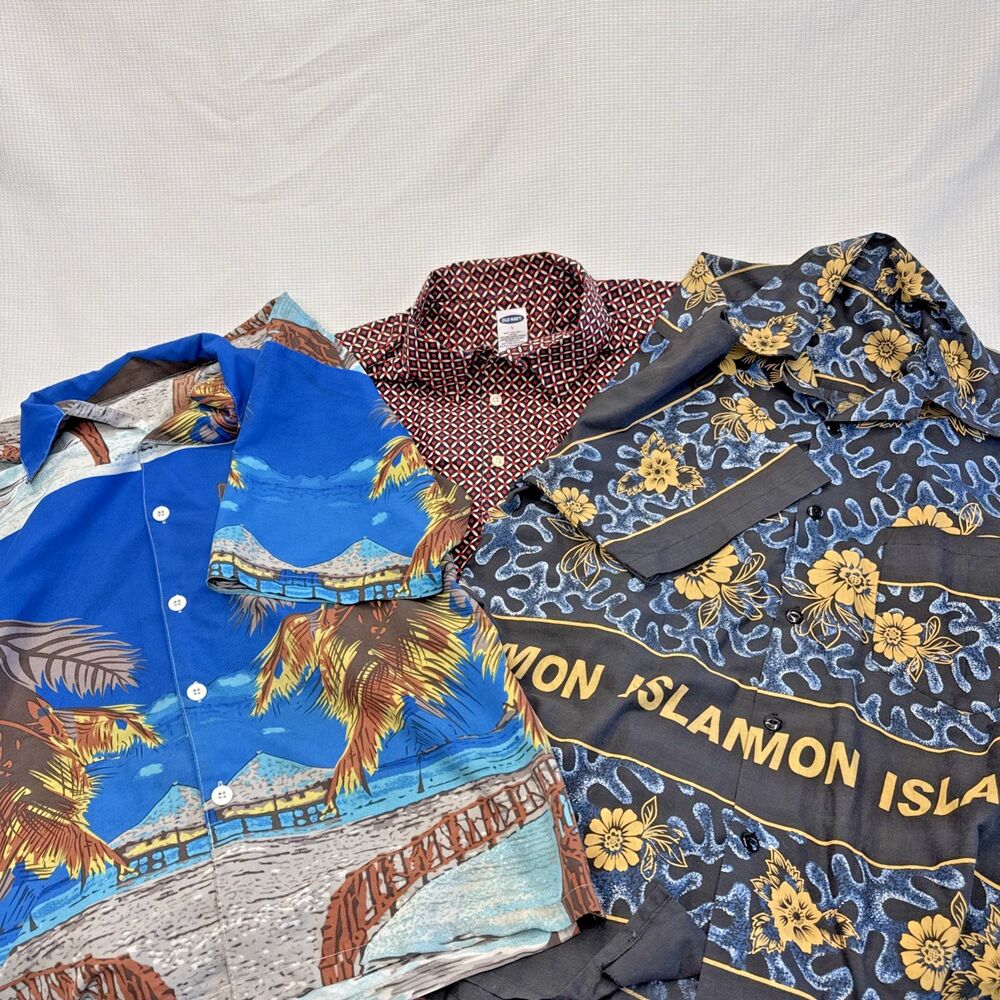 Hawaiian Shirts Men Multi Tropical Button Up - 2 Vintage Handmade 1 Old Navy - L